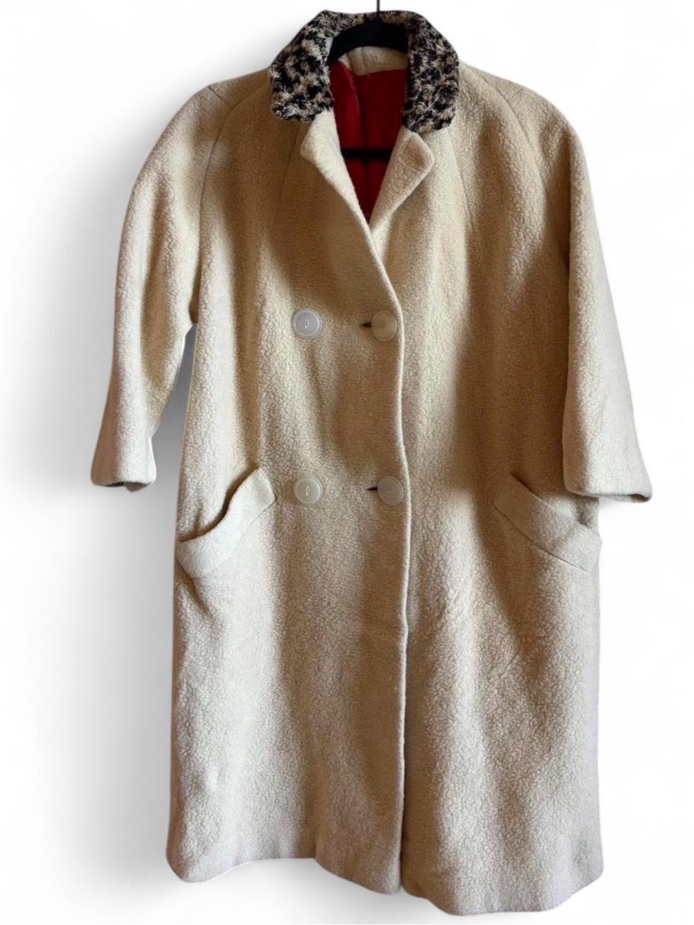 Women's Cream Wool Blend Double-Breasted Coat with Contrast Collar